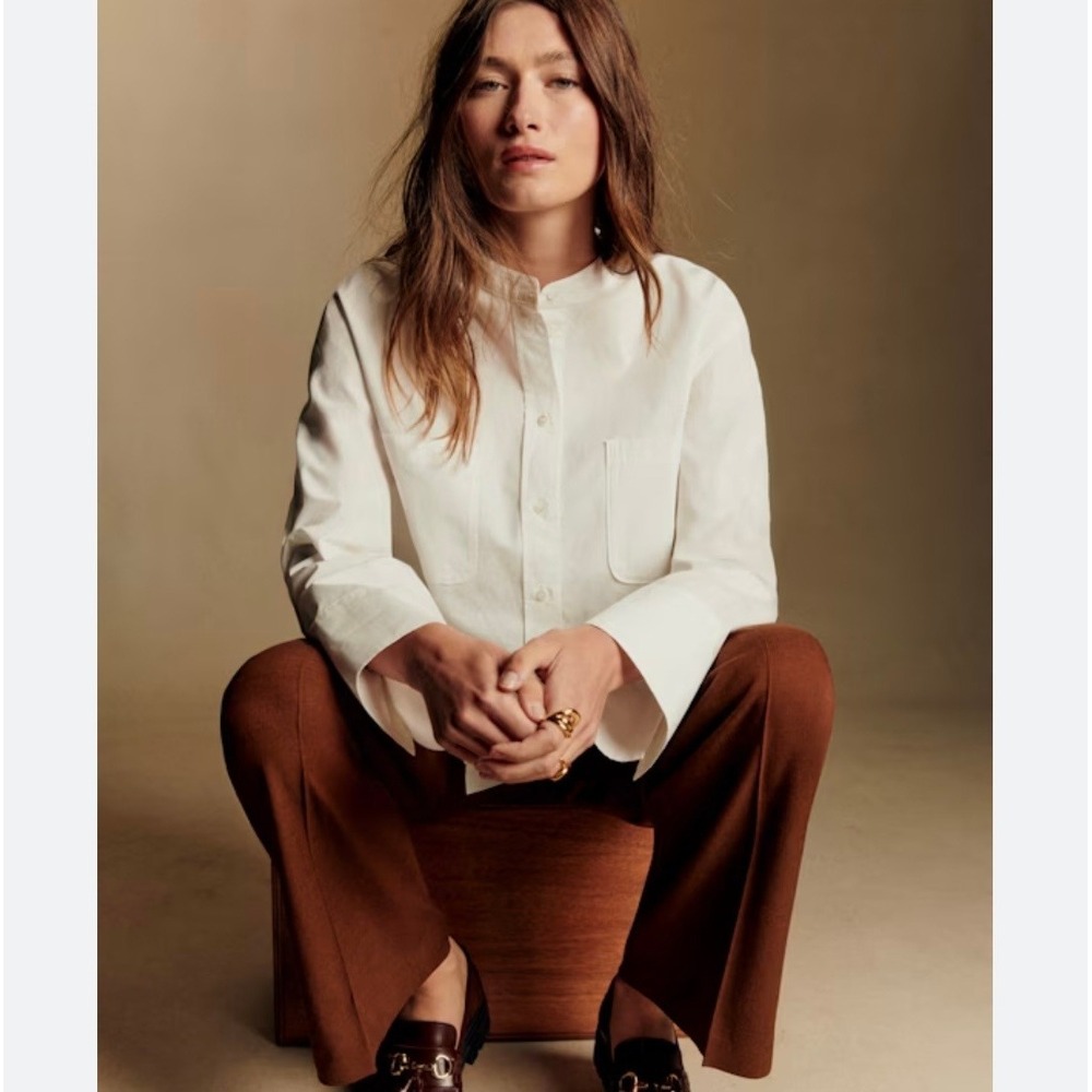 Sezane Nine Shirt Button Down Poplin Shirt Mao Mandarin Collar Ecru White 34 XS